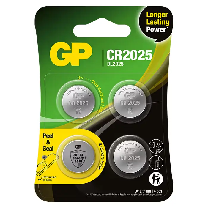 Prisnedsættelse | GP-BATTERI GP knapcelle, Lithium, CR2025, Safety seal, 4-pak